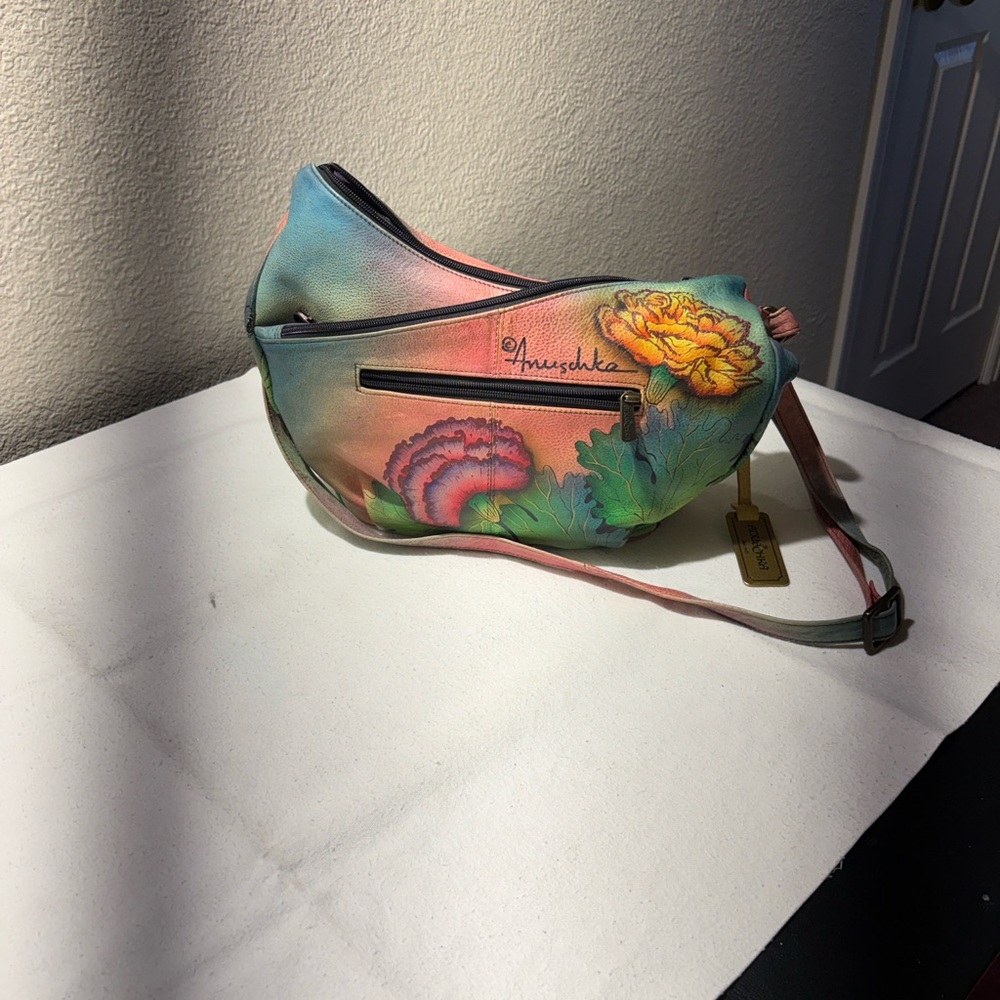 Anuschka Painted Floral Crossbody in Teal, Pink & Yellow